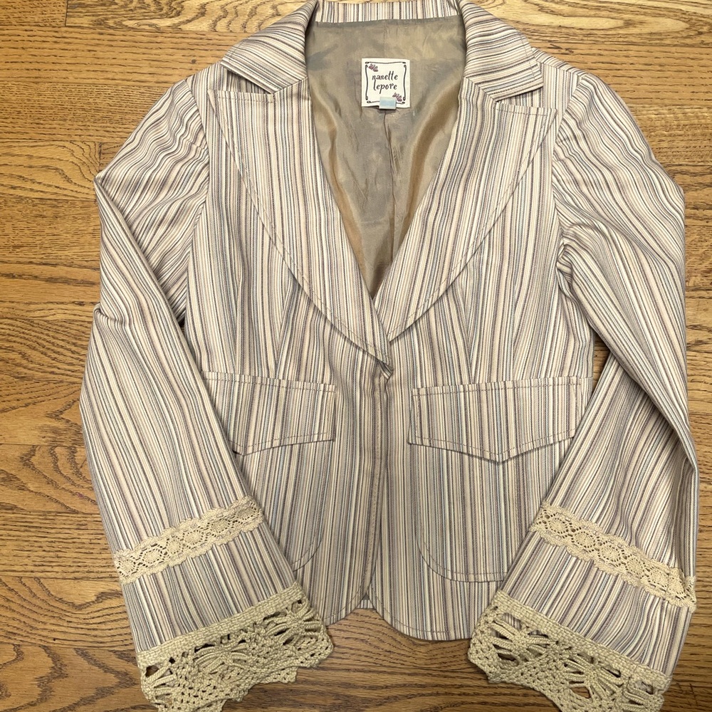 nannette lepore suit jacket with crochet cuffs.